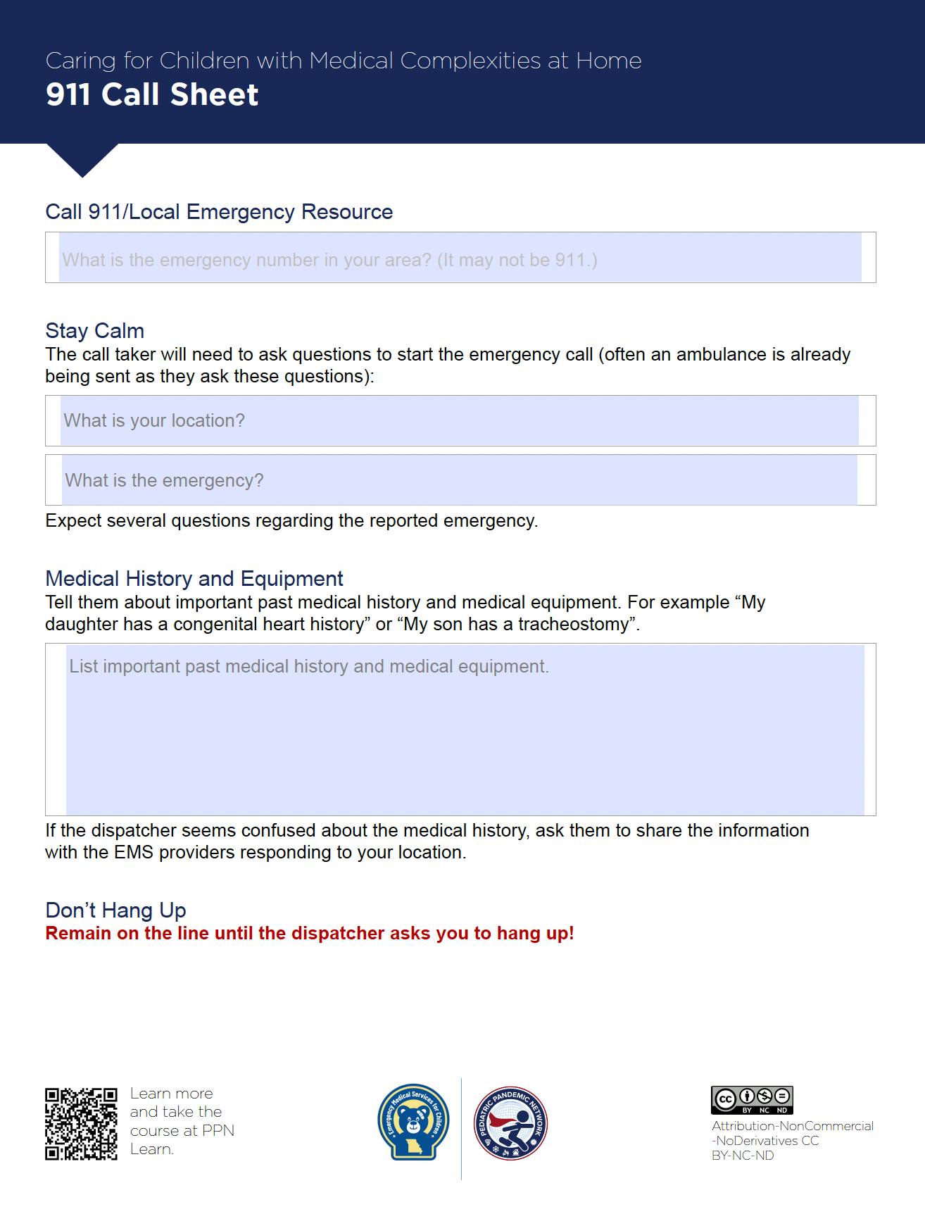 911 call sheet for parents.