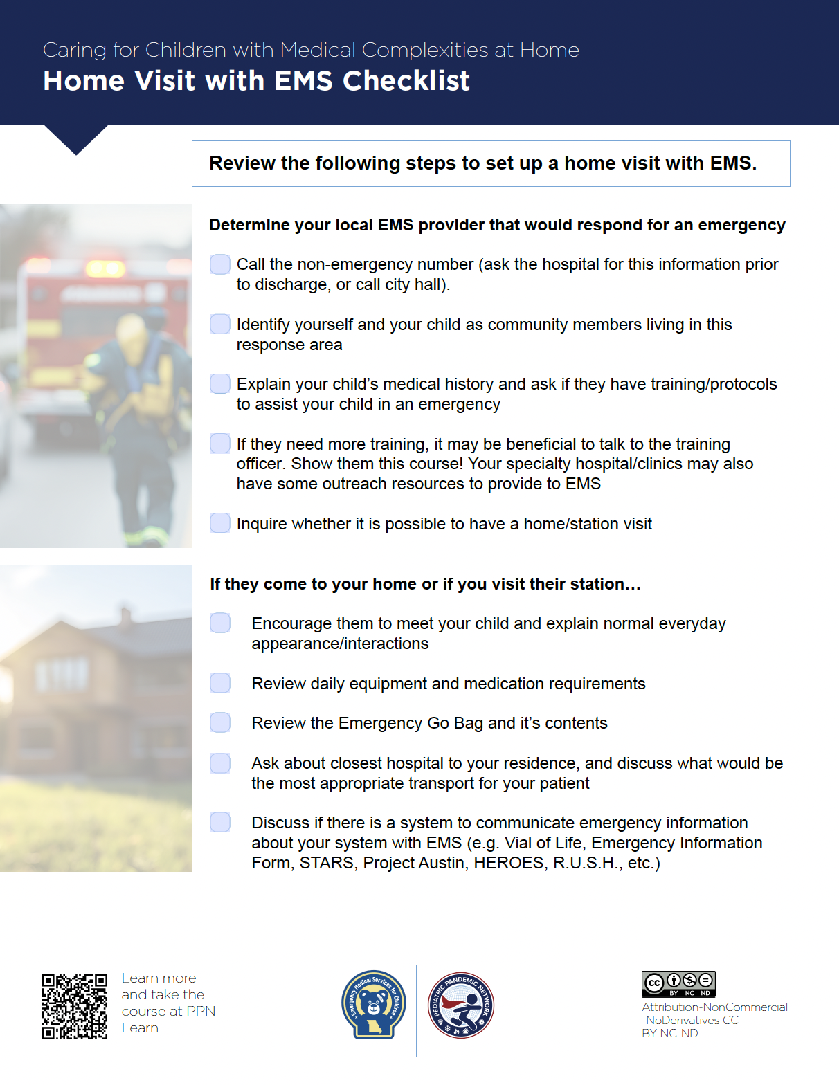 Checklist for parents to prepare for a home visit with EMS.