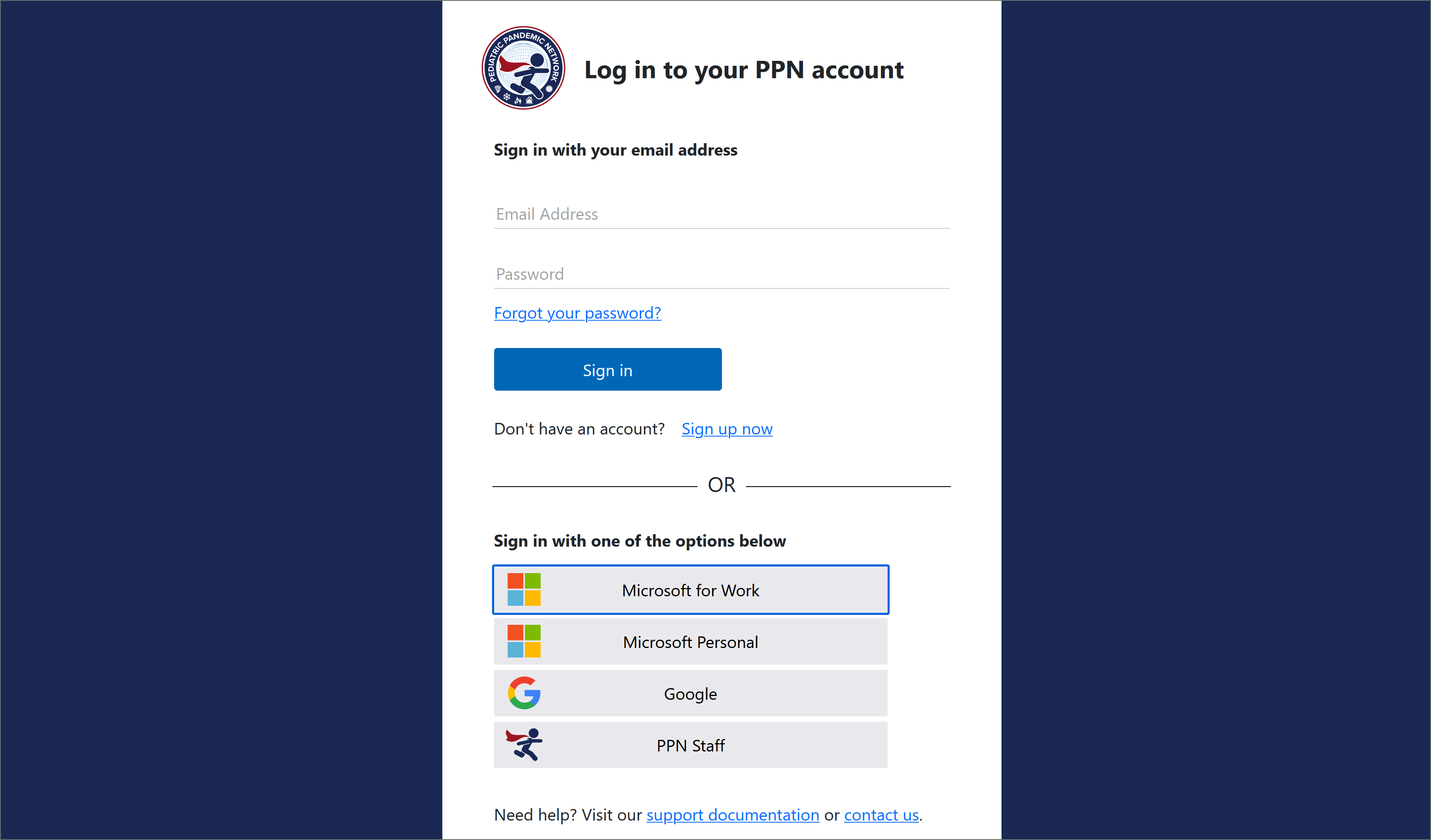 PPN account login page showing the available sign-in options