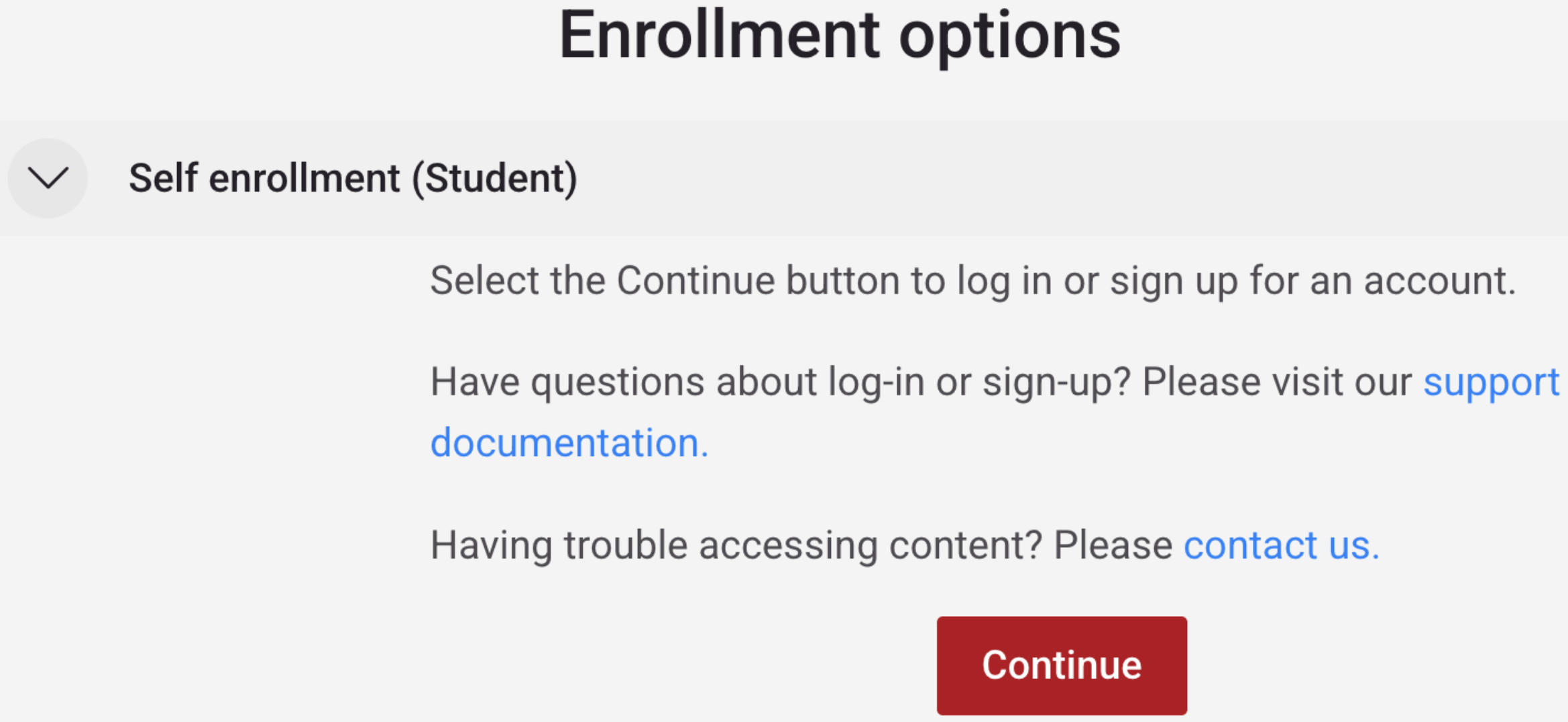 Course self-enrollment instructions and Continue button