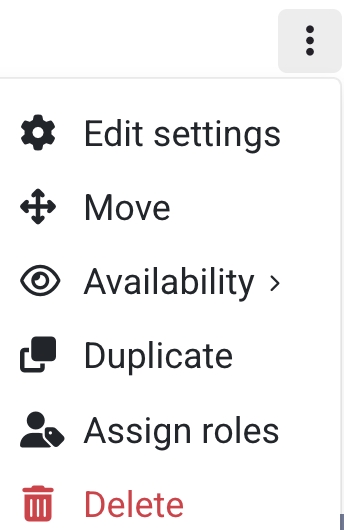 Editing menu with options for managing course content