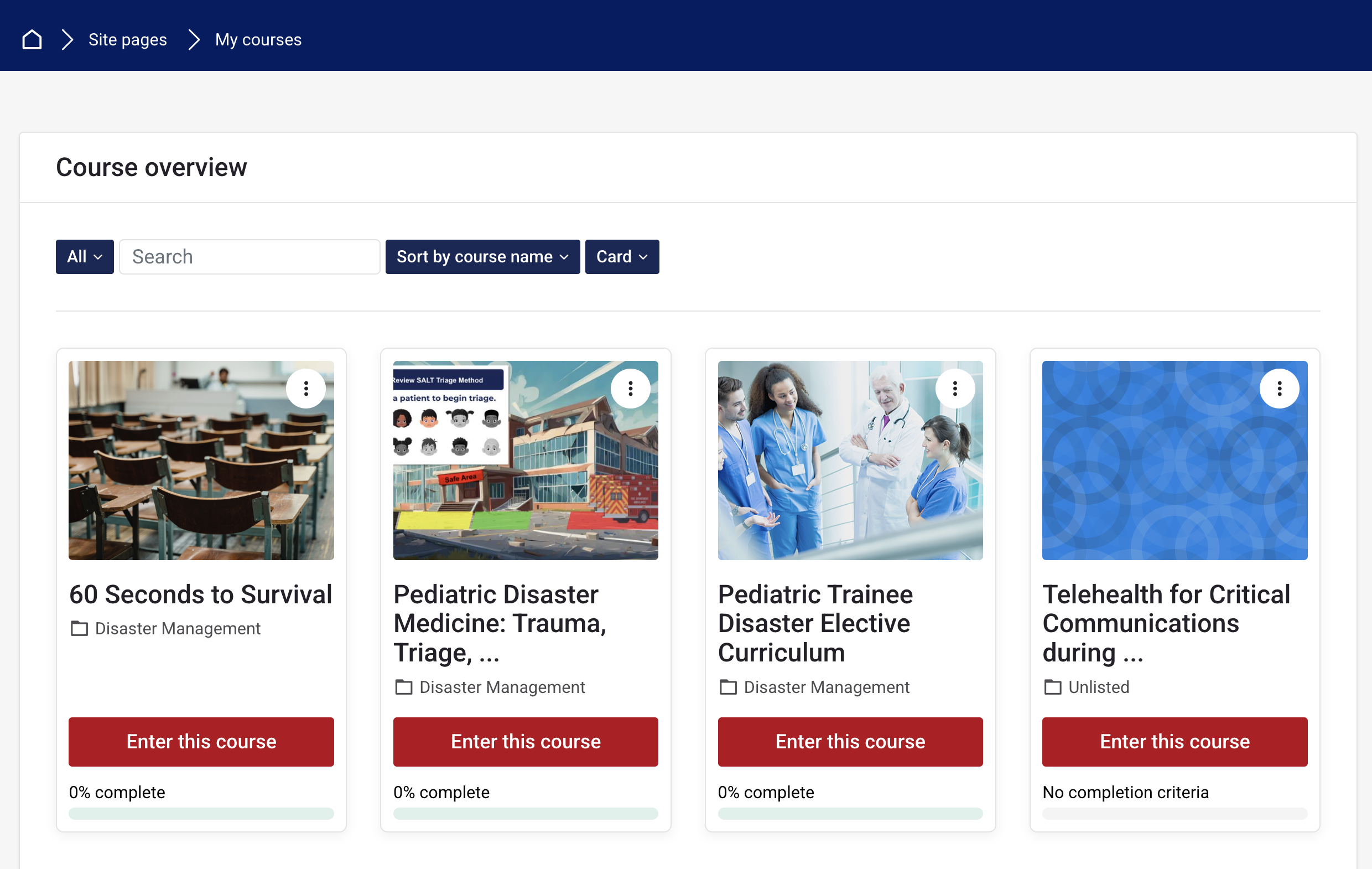 My courses dashboard displaying a learner's enrolled courses
