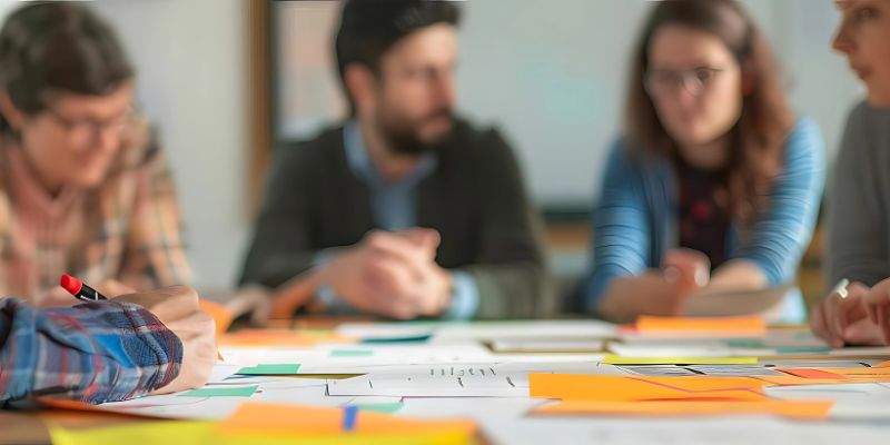 People sitting at a work table with post-it notes and documents